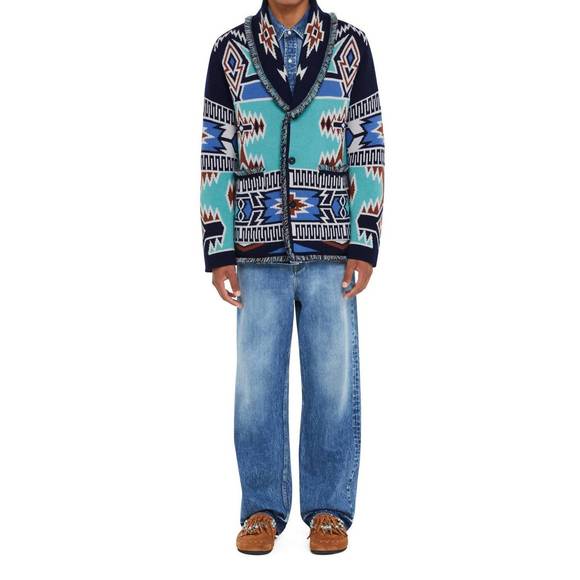 NEW ALANUI geometric roots cardigan in turquoise/ deep blue